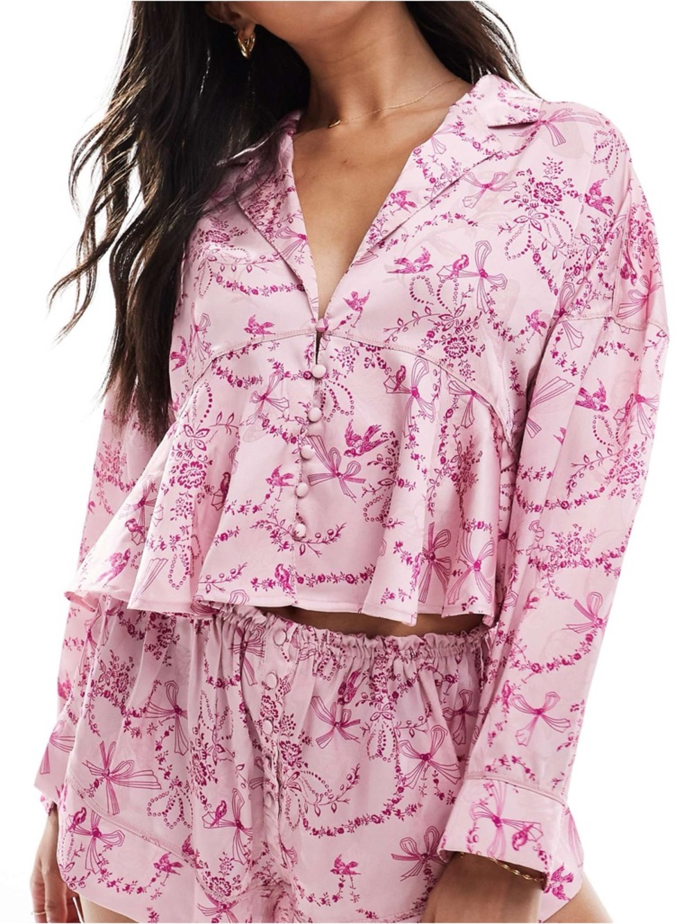 Free People Intimately Beauty Sleep Pajama Top Pink Print Button Peplum XS NWOT